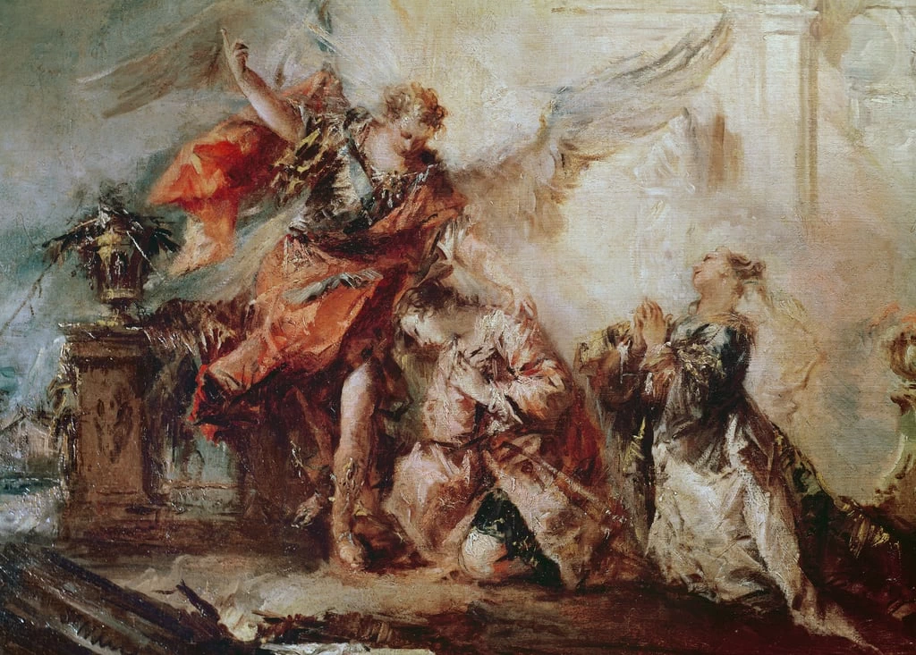 La storia di Tobia, particolare di Sara e Tobia prima dell'intervento di Raffaele che ringraziano Dio - Chiesa di s. Angelo Raffaele, Venezia